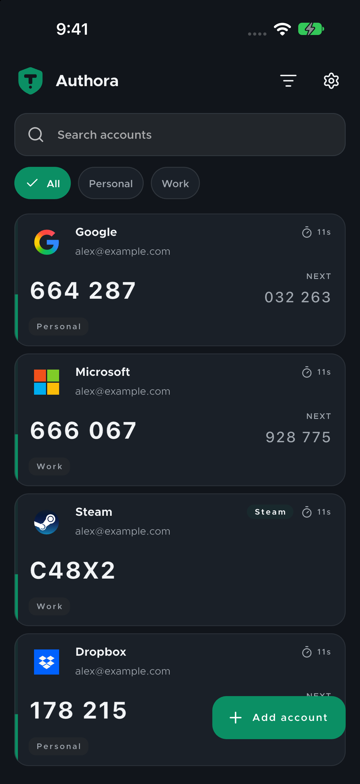 Your codes, at a glance: real Authora iOS screen with demo data
